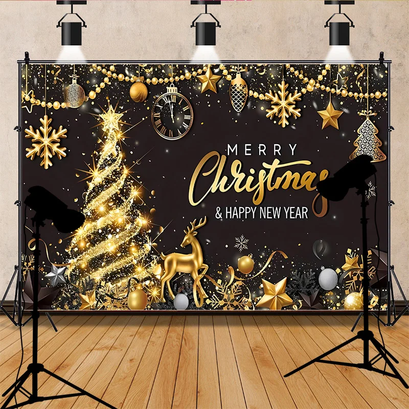 Black Gold Happy New Year Backdrop Merry Christmas Glitter Photography Background Family Prom Holiday Party Decoration RR-28