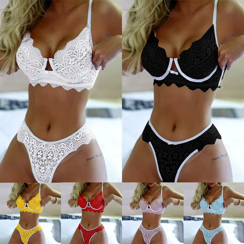 

2Pcs/Set Women Lingerie Knickers G-String Sets Female Thong Nightwear Bra Suits Ladies Lace-up Sexy Push Up Lace Underwear Suit