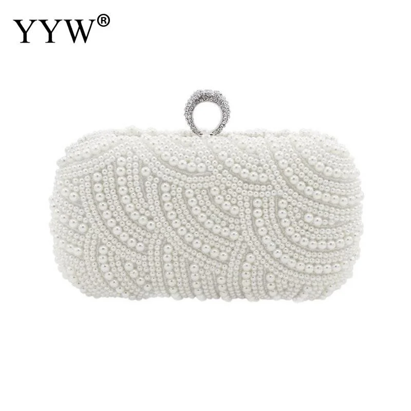 

New Embroidery Small Pearl Day Clutch Shoulder Chain Handbags Rhinestones Purse Beaded Diamonds Finger Ring Women Evening Bags