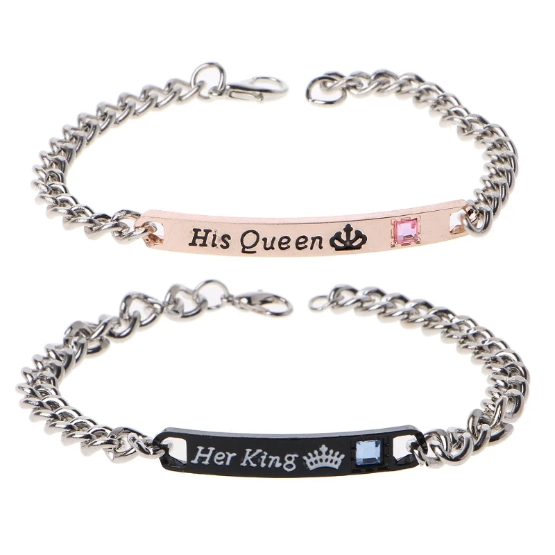 

2 Pieces Stainless Steel Couple Bracelets Exquisite "His Queen Her King" Bracelets Anniversary Gift for Women and Men