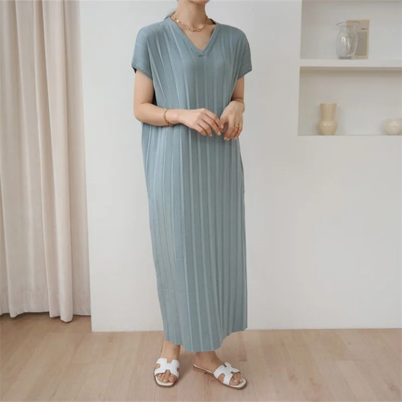 

Loose Knitting Dress Spring Summer Women V-neck Short Sleeve Striped Ribbed Robe Dresses Solid Casual Office Lady Clothes P355