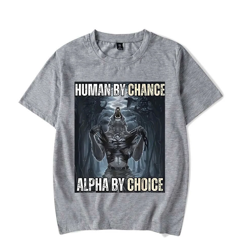 Фото Human by Chance Alpha by Choice Wolf Мужские и женские футболки с забавными мемами Повседневные винтажные футболки для пар большого размера с короткими рукавами №3
