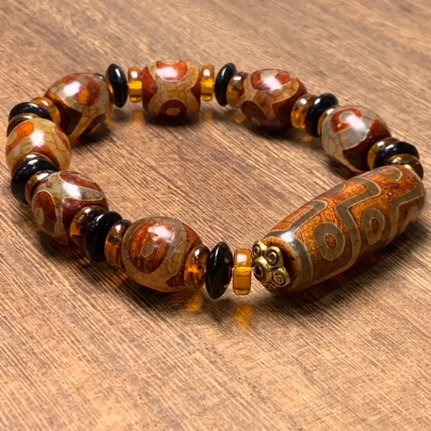 Тибетские старые бусины Дзи девять глаз три глаза состаренная целлюлоза браслет