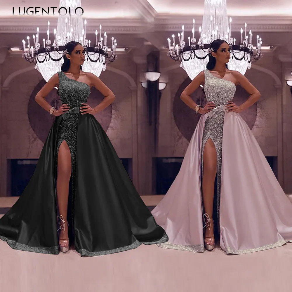 

Платье женское на одно плечо с блестками, пикантное облегающее однотонное Элегантное макси-платье с завышенной талией, бантом и большим разрезом, без рукавов