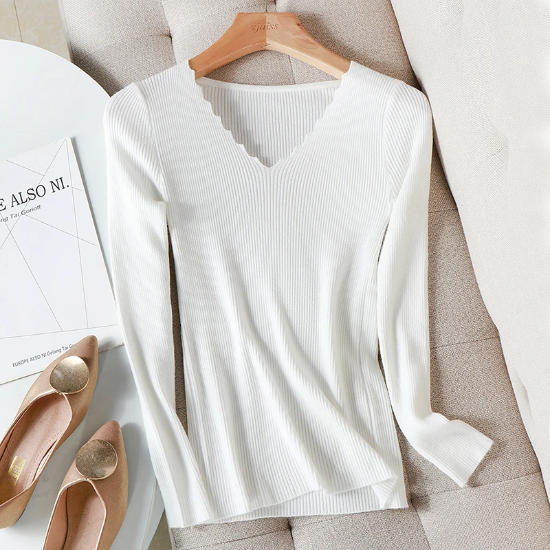 Женский Облегающий Свитер С V-образным Вырезом Эластичный Акриловый Пуловер