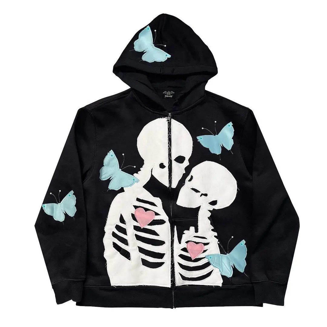 

Женские толстовки на молнии с принтом черепа бабочки Y2k, худи в готическом стиле, толстовки с капюшоном, одежда в стиле K-POP, топы в Корейском стиле