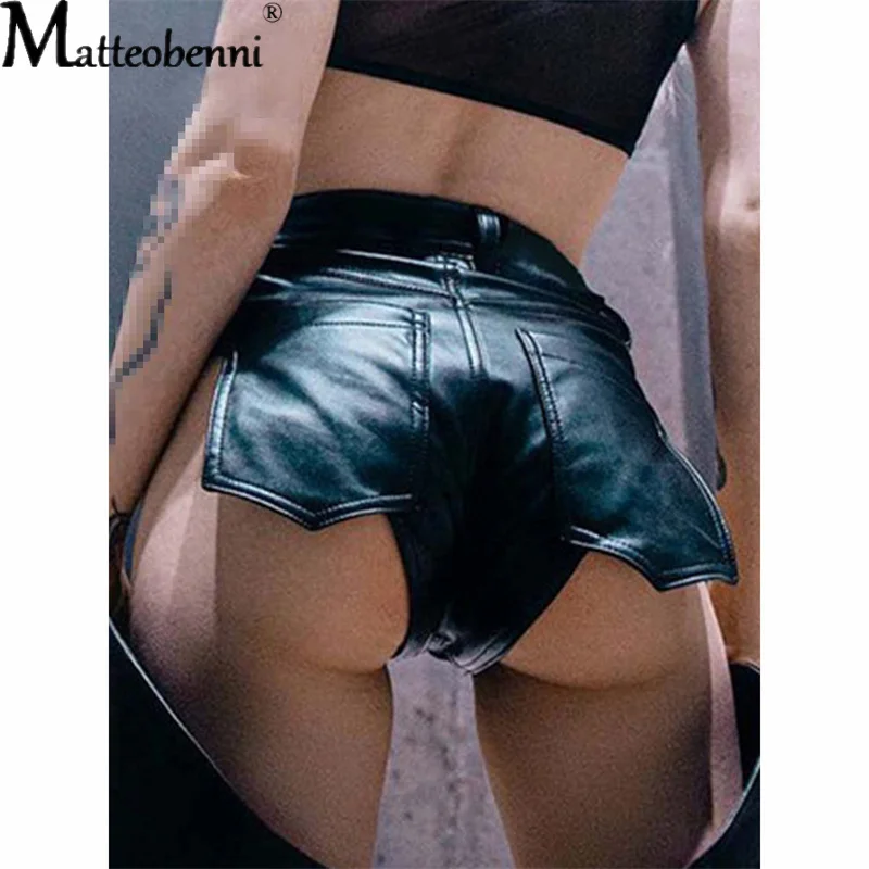 

Womens Sexy Mini Shorts PU Leather Low Rise Hollow Out Ultra Shorts Zipper Crotch Booty Shorts for Night Cocktail Party Clubwear