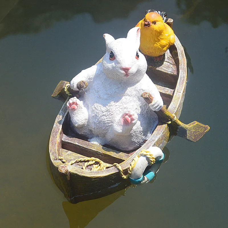 

Садовая скульптура, плавающая лодка, кролик, орнамент из смолы, декоративная фигурка для парка заднего двора