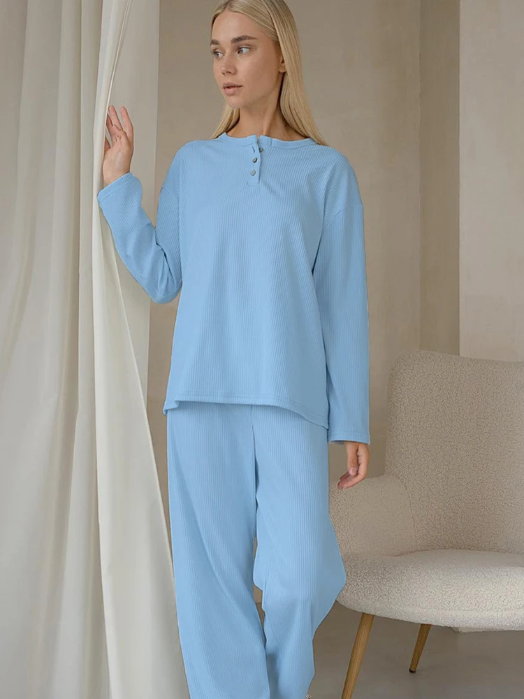 

Linad Knitted Ribbed Women's Home Clothes Loose 2 Piece Sets O Neck Long Sleeve Sleepwear Female Trouser Suits Winter Casual