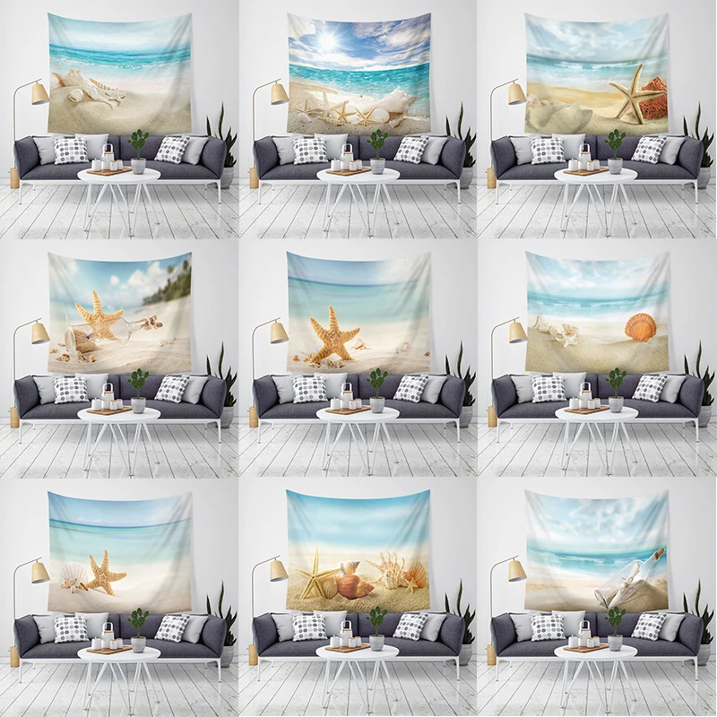 

Blue Seaside Beach Polyester Tapestry Summer Shell Conch Hanging Wall Tapestry Natural Landscape Yoga Wall Carpets Room Decor
