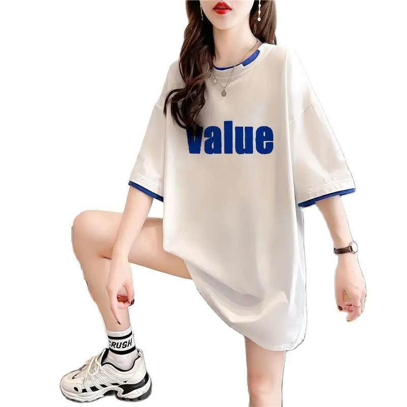 

Whiteshort Sleeves T-shirt female 2023 New Summer Loose Holiday Two Pieces Of Medium And Long Students Joker Leisure Clothes