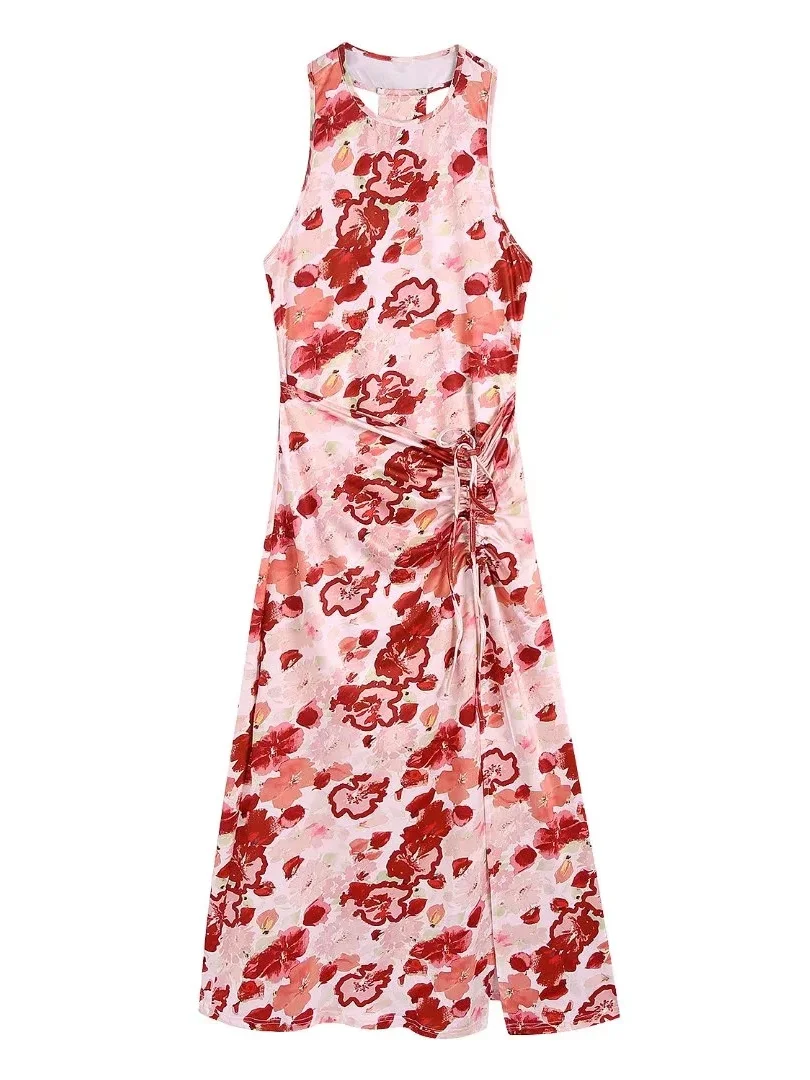 

Женское платье миди с высокой талией, красное платье с вырезами, лямкой на шее и высокой талией, Пляжная уличная одежда с принтом для вечерин...