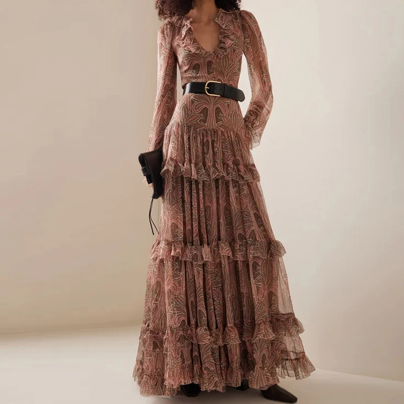 

Women Fashion Flouncing Pleated Party Dress Elegant French Style Floral Long Dresses Vintage Boho Print Ruffle V-Neck Maxi Dress