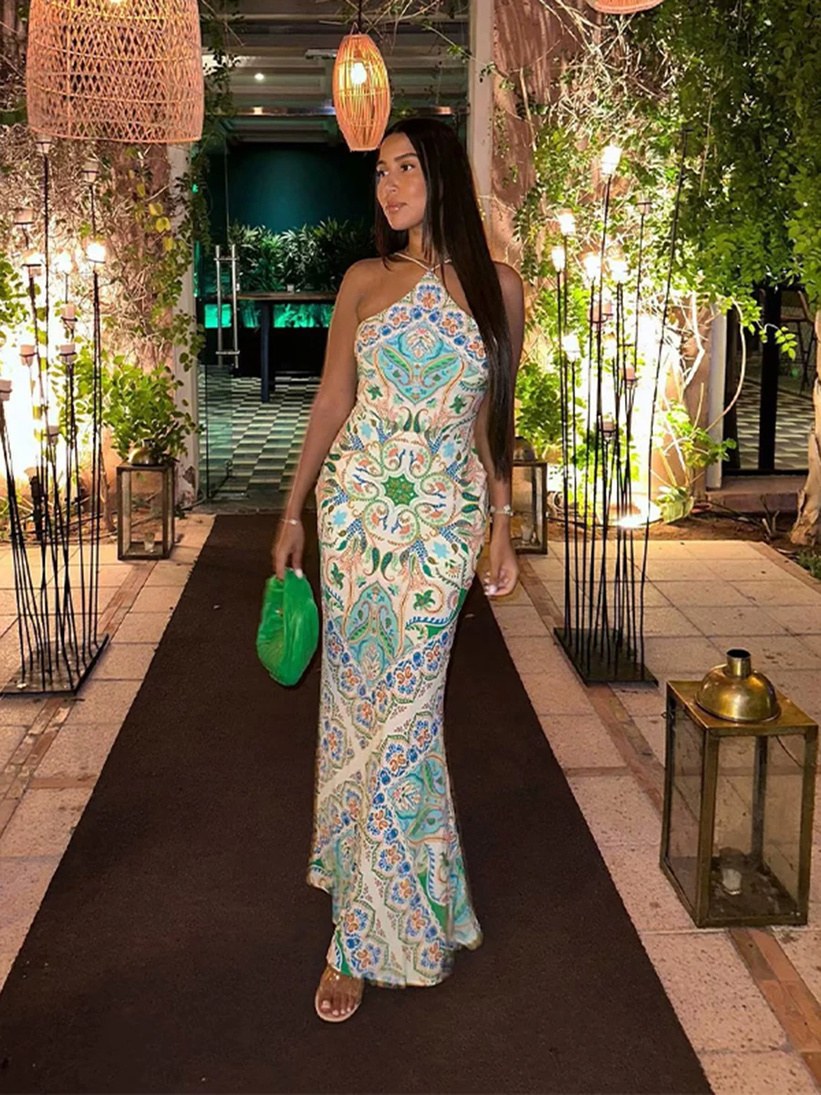 

Elegant Floral Print Maxi Dress Women Halter Sleeveless Lace Up Backless Camisole Dresses Female Streetwear Vintage Vestidos New
