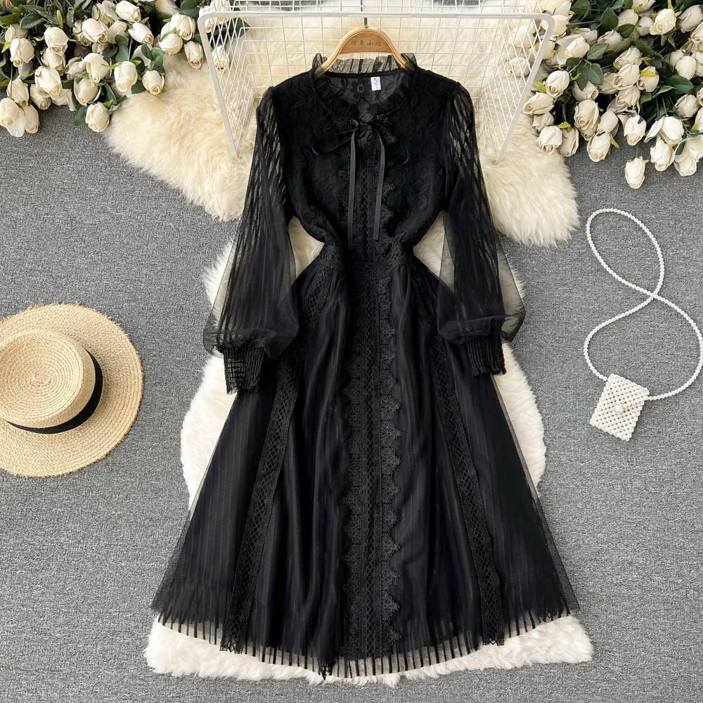 

VANOVICH Корейский Японский стиль Модный темпераментный дизайн чувствительное Сетчатое черное кружевное платье 2022 Весна и лето Новинка