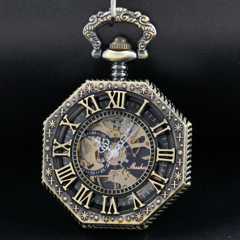 New Irregular Digital Display Hollow Steel Mechanical Pocket Watch Retro Gentleman Analog Signal Clock Women's Jewelry Gift