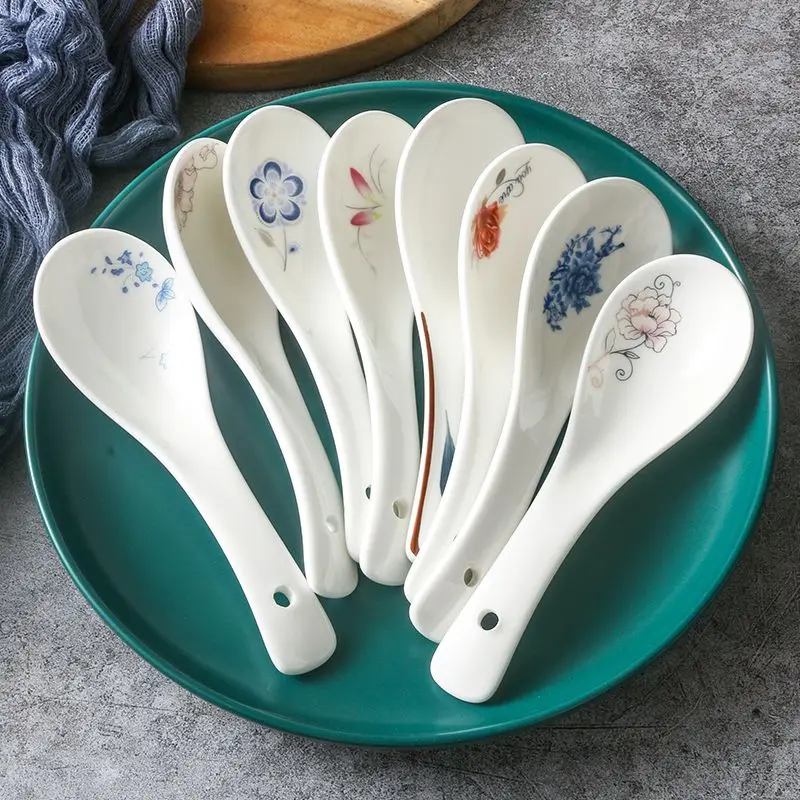 

Chinese Style Ceramic Soup Spoon, Ramen Noodle Soup, Heat Resistant Teaspoon, Kitchen Tableware, Utensil R029, 10 Pcs