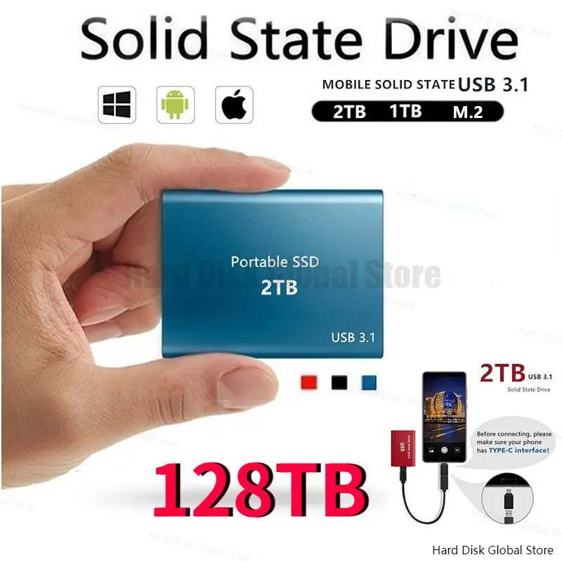 High-speed 128TB External Hard Drive 64TB USB3.1 SSD 2.5 Inch Portable SSD Hard Disk for Laptop