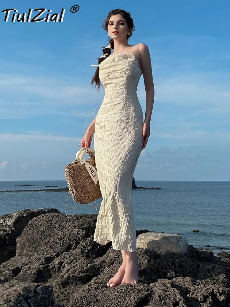 

TiulZial Y2K Sexy Summer Vacation Spaghetti Strap Zipper Folds Women Off Shoulder Vent Skinny Midi Apricot Beach Style Dress