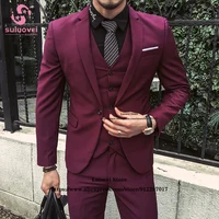 Fashion Burgundy Suits For Men Slim Fit 3 Piece Jacket Vest Pants Set Formal Groom Wedding Tuxedo Male Office Business Blazer