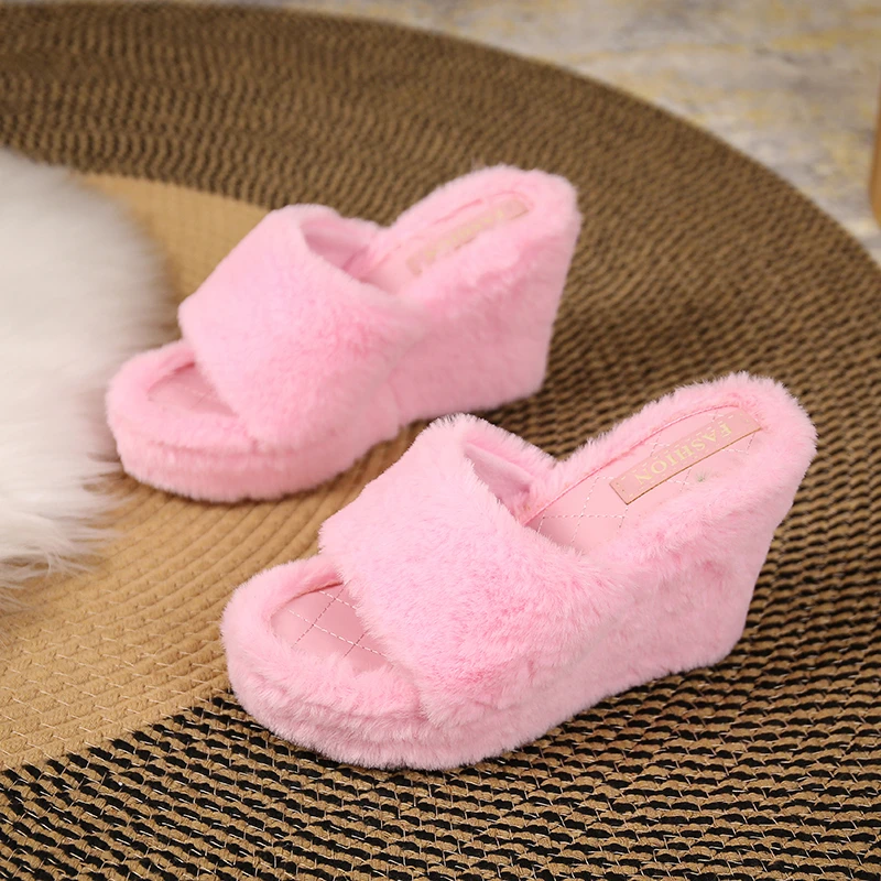 

New Fur Slippers Women's Wedge Heel Shoes Women High-heeled Furry Drag Fashion Outdoor All-match Shoes Slippers Furry Slides