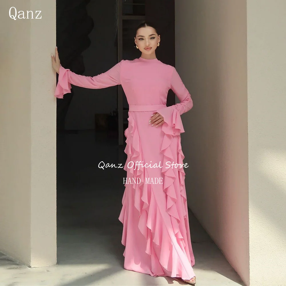 Qanz розовые шифоновые вечерние платья с длинными рукавами и оборками