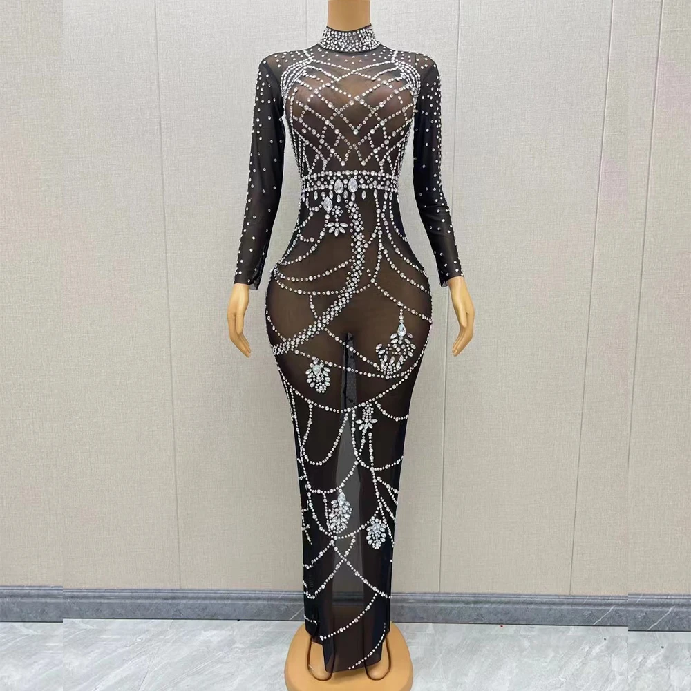 

Сексуальное блестящее Серебряное платье со стразами, Прозрачное платье с длинными рукавами, костюм для празднования дня рождения, вечернее платье для танцев и фотосессии