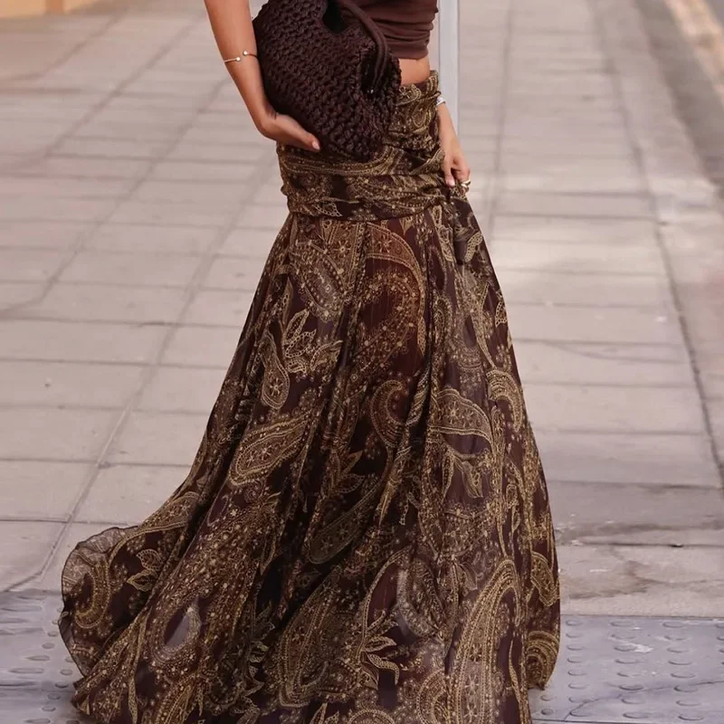 Фото Винтажные длинные юбки с нерегулярным принтом, женские длинные юбки трапециевидной формы с высокой талией и ягодицами, женская винтажная шикарная одежда №1