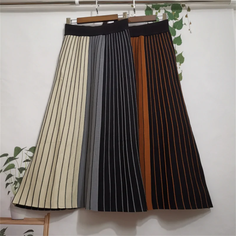 

Женские Плиссированные полосатые юбки, эластичный Трикотажный свитер с высокой талией, Юбки миди, плотная Теплая юбка А-силуэта, женская новая осенне-зимняя P045