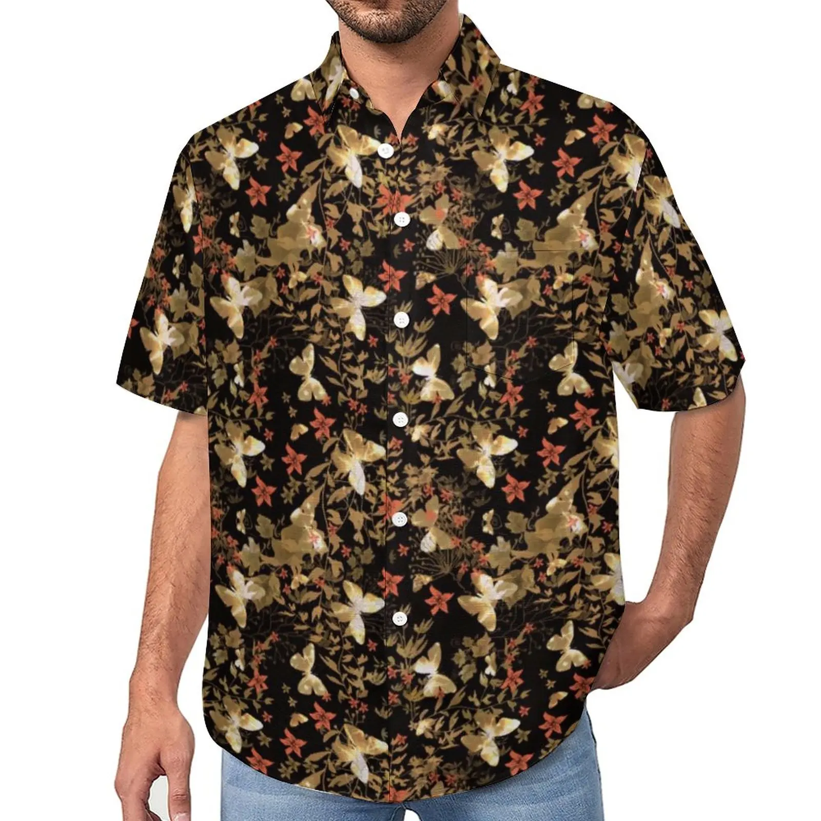 

Gold Butterfly Blouses Man Red Floral Print Casual Shirts Hawaii Short Sleeve Graphic Y2K Oversize Vacation Shirt Gift Idea