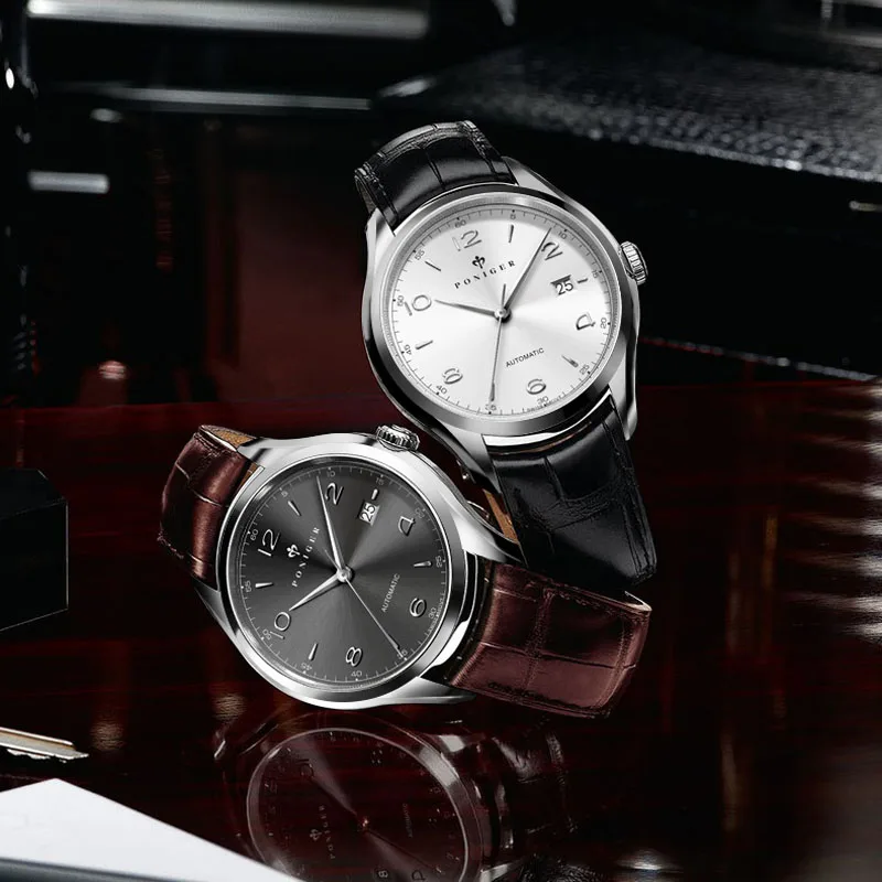 PONIGER Классические мужские механические часы из нержавеющей стали с кожаным