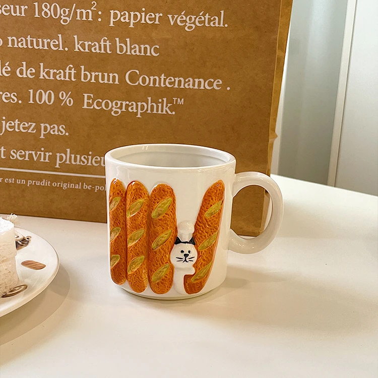 Ceramic Mug Coffee Cup Three-dimensional Stick Bread Cat Relief Breakfast for |