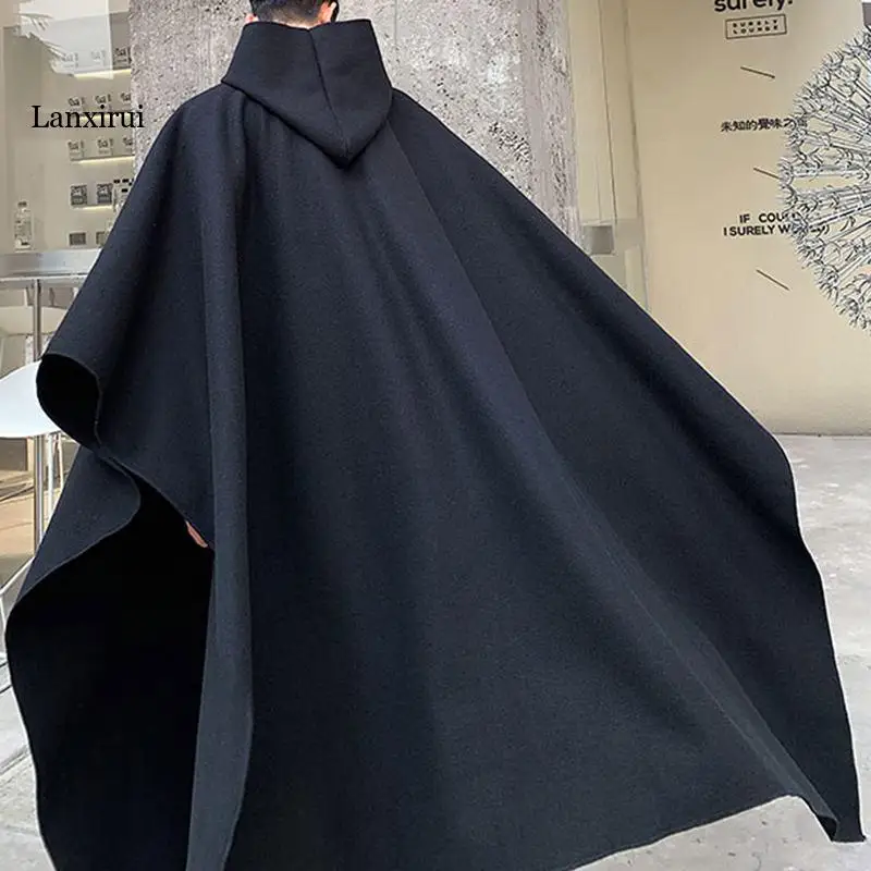 Fashion Men Cloak Coats Hooded Solid Loose 2022 Streetwear Punk Windproof Men's Trench Chic Winter Long Cape Poncho images - 6