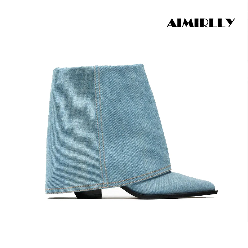 

Fashion Women's Pointed Toe Mid Heels Ankle Boots Retro Cowboy Shoes Short Trouser Boots Folded Thick Heel Slip On Booties
