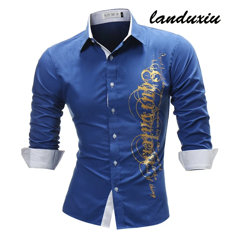 2022 Men's Casual Dress Shirt Fashion Designer Bronzing Pattern Fashion Long Sleeve Slim Fit  landuxiu