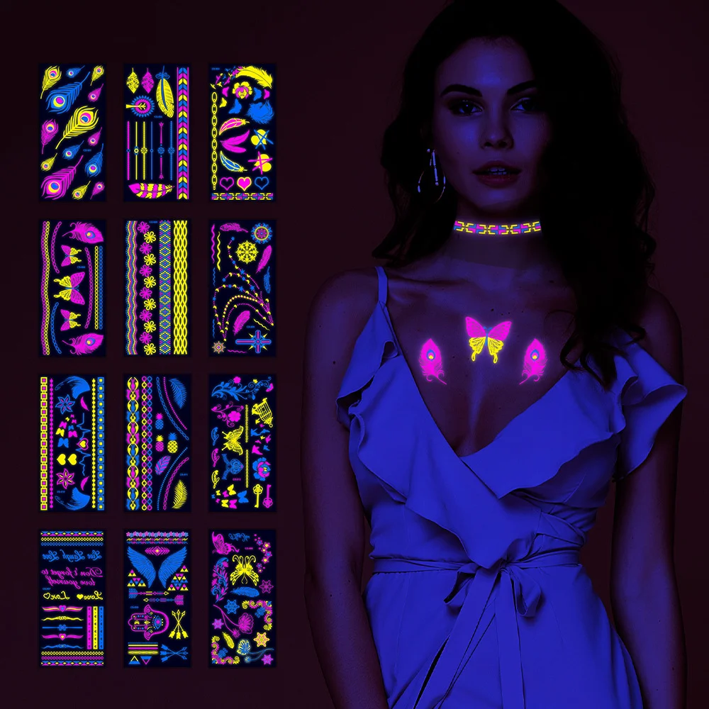 

Waterproof Temporary Tattoo Fluorescent Feather Series Flower Arm Tattoo Stickers For Men And Women