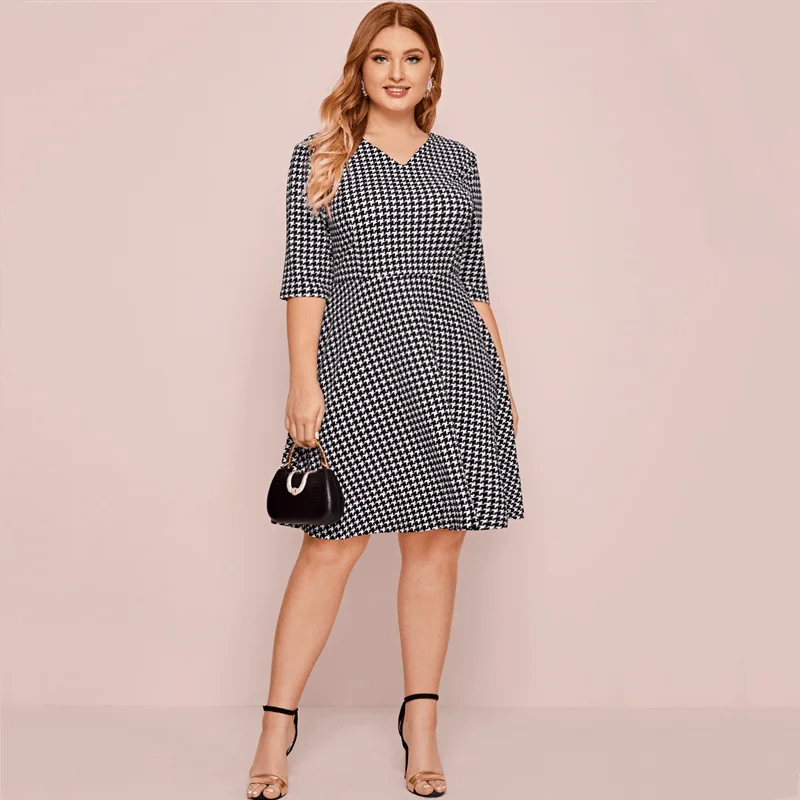 Plus Size R'l Oumeijia Plus size Chubby Girl Houndstooth 3/4 Sleeve Dress Temperament Slim fit A- line Skirt 679 |
