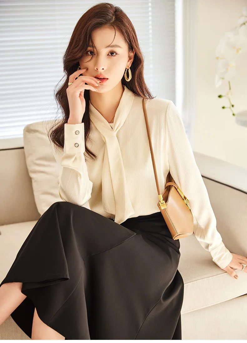 

Fashion Shirts Women 2 Piece Skirt and Tops Sets Office Ladies Work Blouse Apricot Long Sleeve Work OL Style
