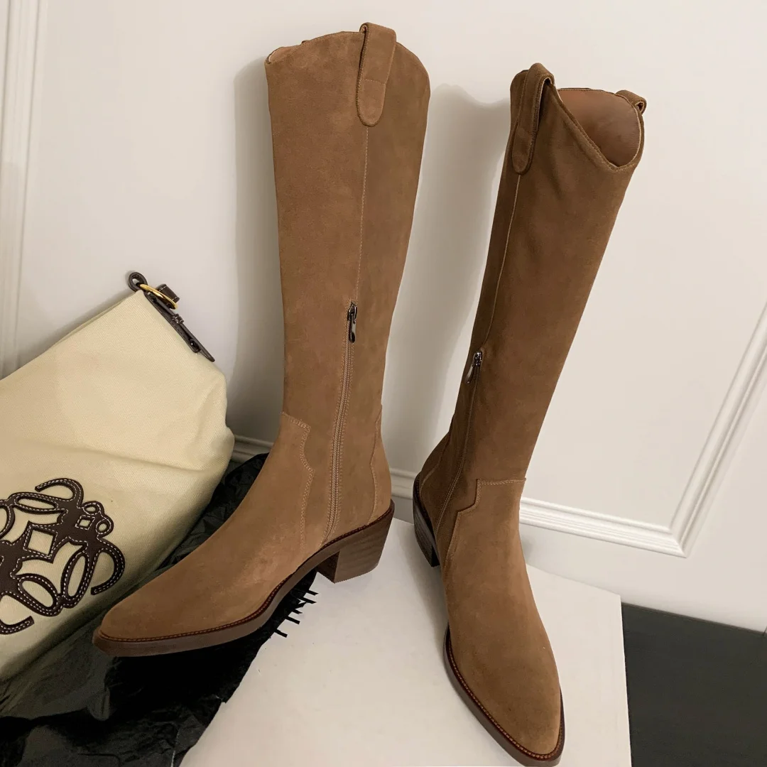 Женские осенние рыцарские сапоги до колена из натуральной замши с боковой