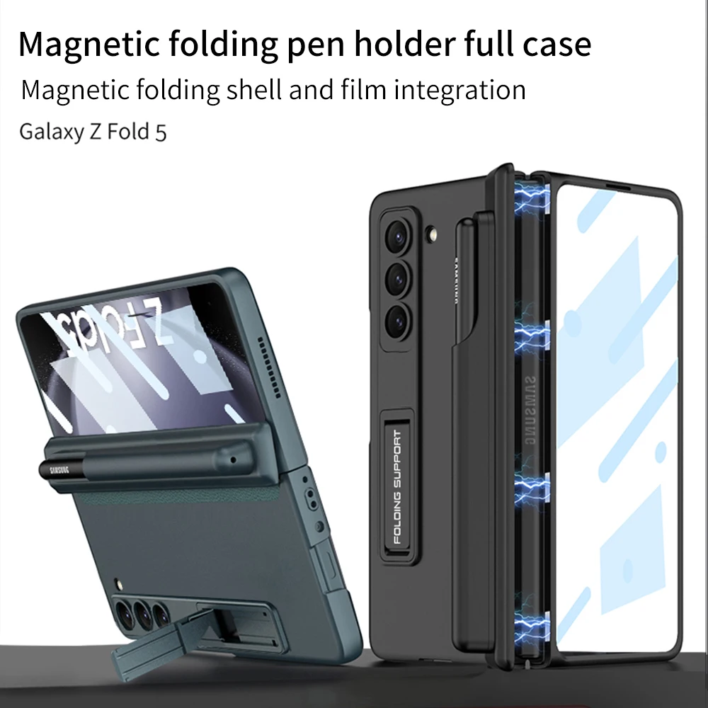 For Samsung Galaxy Z Fold 5 Case Ultra Thin Matte Bracket With Tempered Film Folding Magnetic Hinge Pen Holder Shockproof Cover