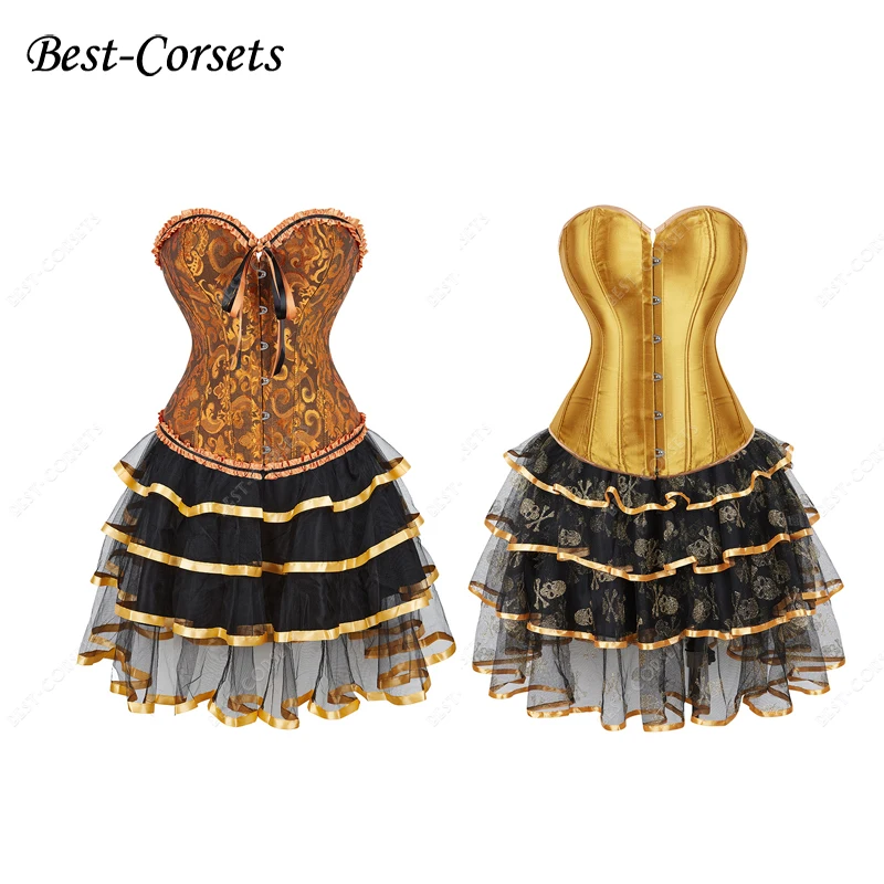 

Gold Corset Dress for Women Skull Corsets and Bustiers Vintage Print Plus Size Retro 90's Gold Shine Corset with Skirt