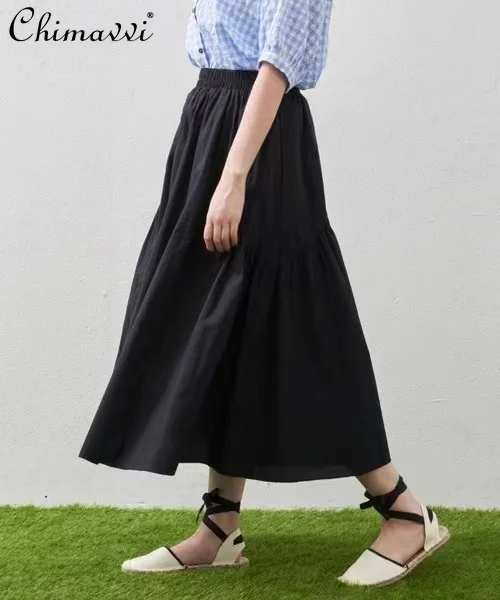 

Japanese Fashion Cotton A- Line Side Pocket Skirt Summer New High Waist Slim Large Hem Skirt Casual Women's Mid-Length Skirts
