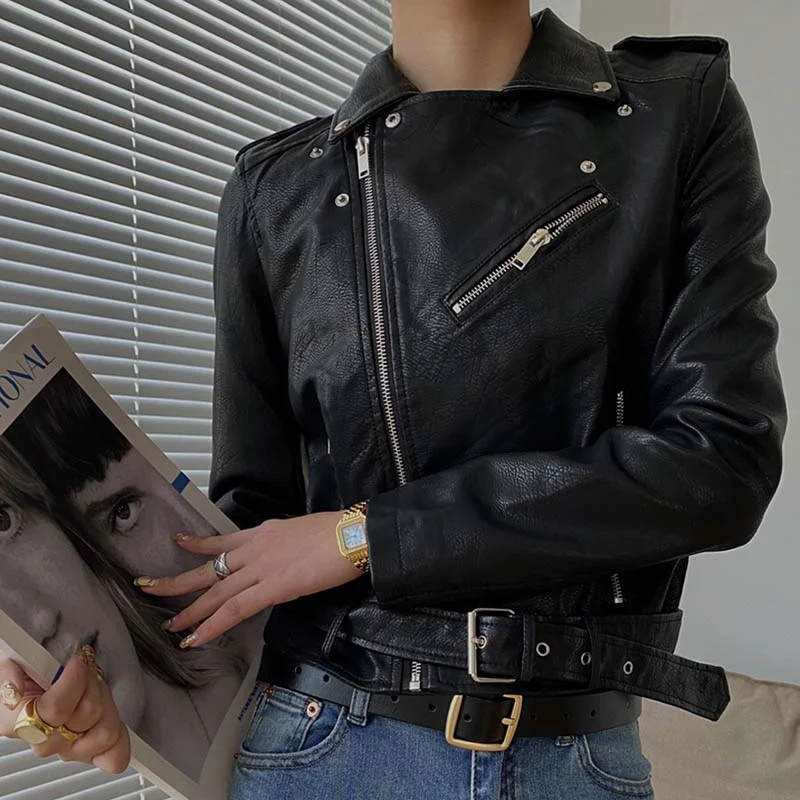 Women Short Coat Female Faux Leather Jackets PU Fashion 2021 Autumn Winter Turn-Down Collar Zippers Belt Motorcycle Gothic Punk
