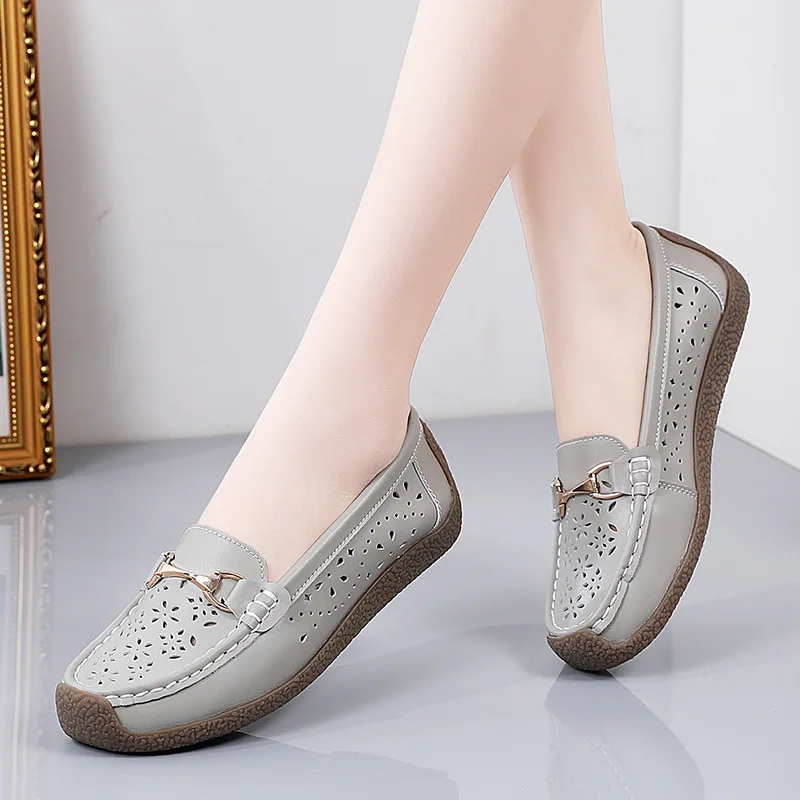 Fashion Summer Breathable Hollow flat shoes Plus Size 44 Women Designer Gold Buckle British Loafers Ladies Casual Driving Shoes