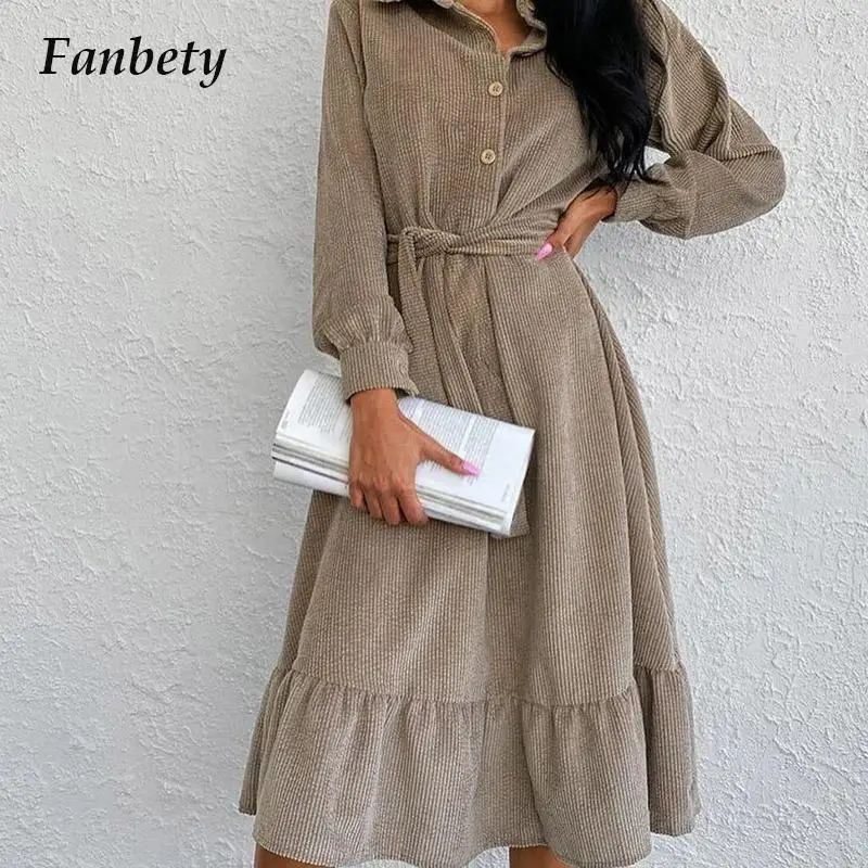 

Women Spring Corduroy Shirt Long Dress Elegant Lace-Up Button Party Dresses Ladies Solid Color Lapel Ruffle Maxi Dress Vestidos