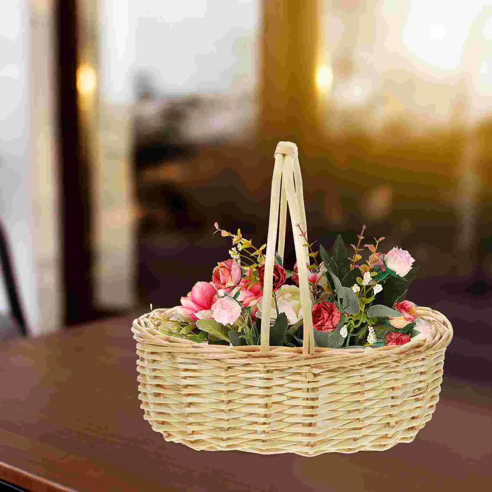 

Wicker Woven Flower Basket Drumstick Picnic Container With Handle Baskets Travel Handwoven Household Storage