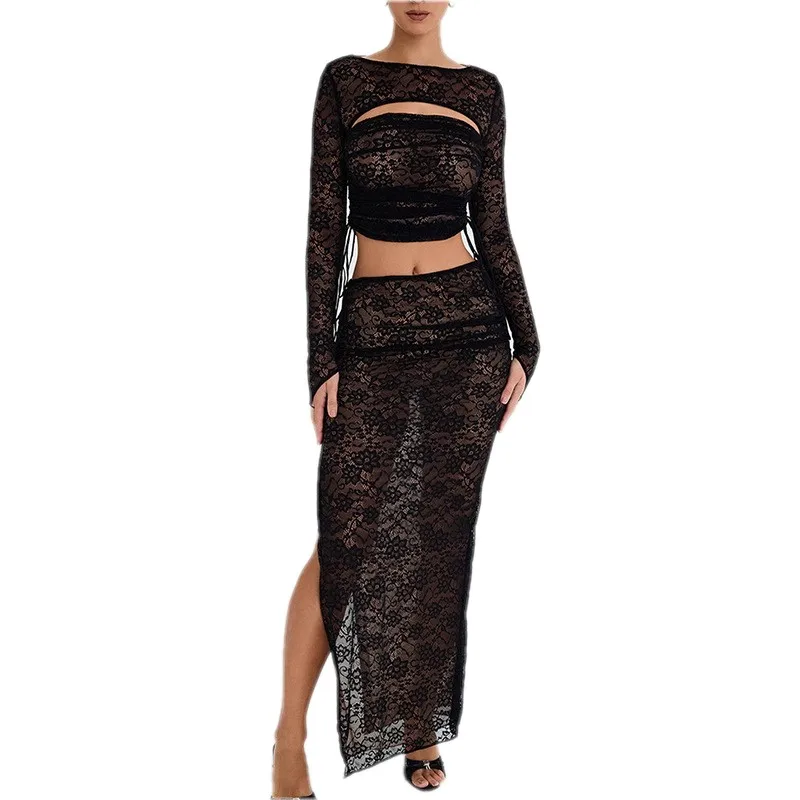 

Summer Long Skirt Suit Black Lace Long Sleeved Top Slit Skirt 2 Piece Suit Perspective Wrapped Chest Slim Sexy Women's Clothing