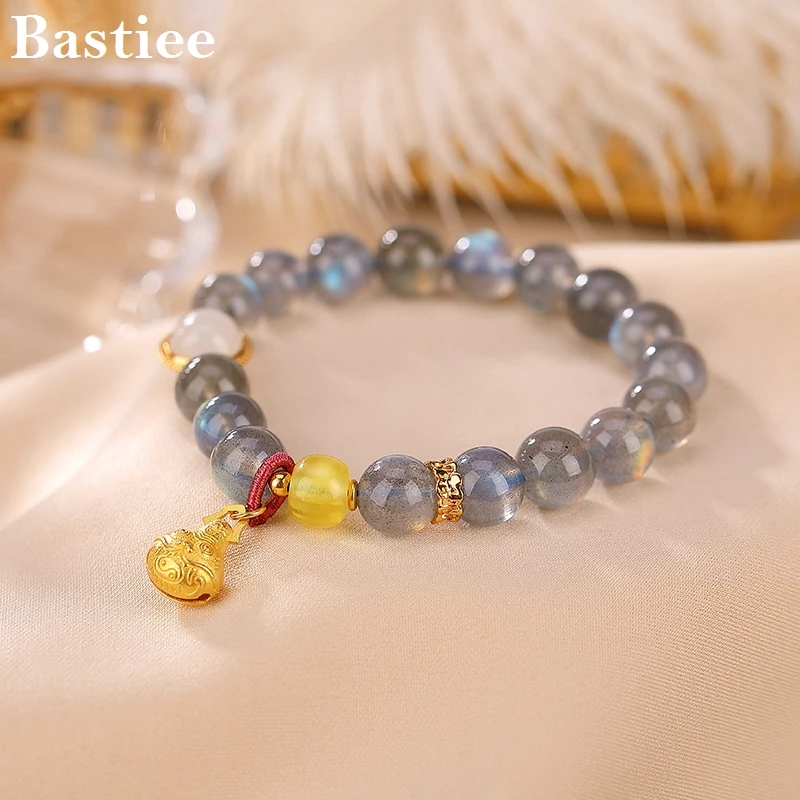 

Bastiee Silver 925 Gilded Bracelet for Women Chinese Hetian Jade Grey Moonlight Stone Pulseras Mujer Gourd Hand Strings