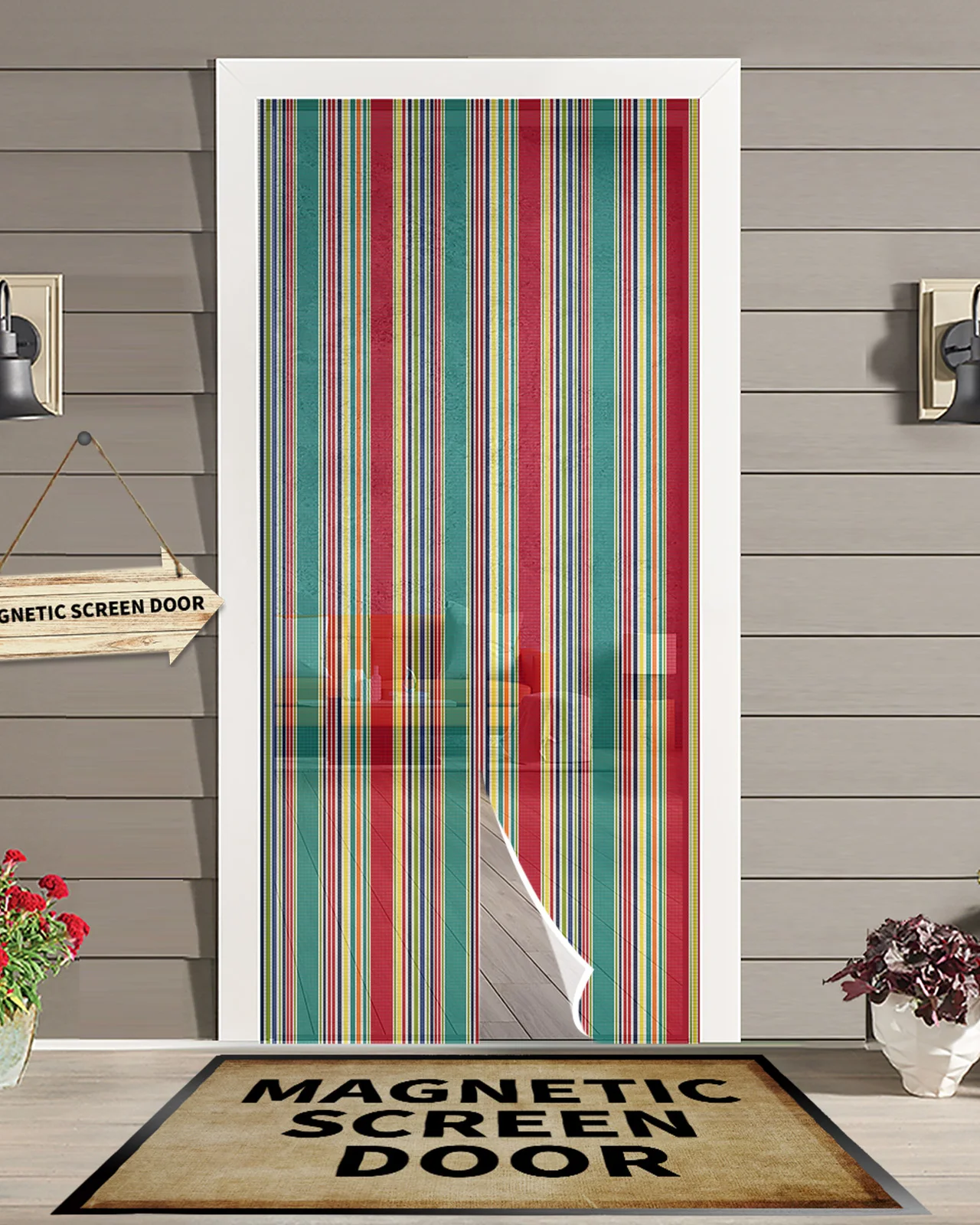 

Colorful Striped Texture Magnetic Door Curtain Living Room Bedroom Home Anti-mosquito Screen Door Curtain