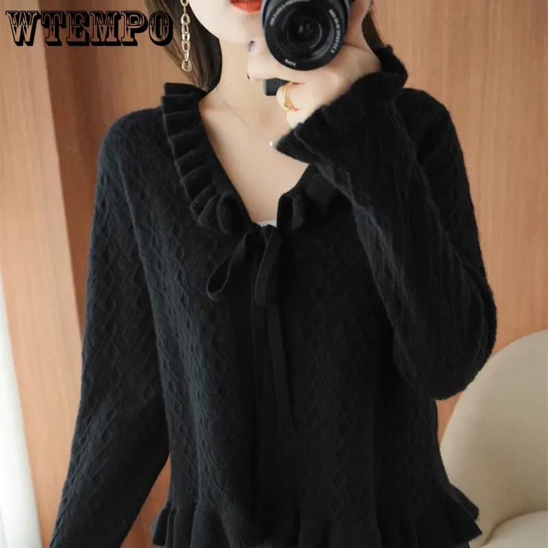 

Women's Lotus Leaf Collar Sweater Slim Design Short Sweater Bottoming Long Sleeve Cardigan Loose Top Wholesale